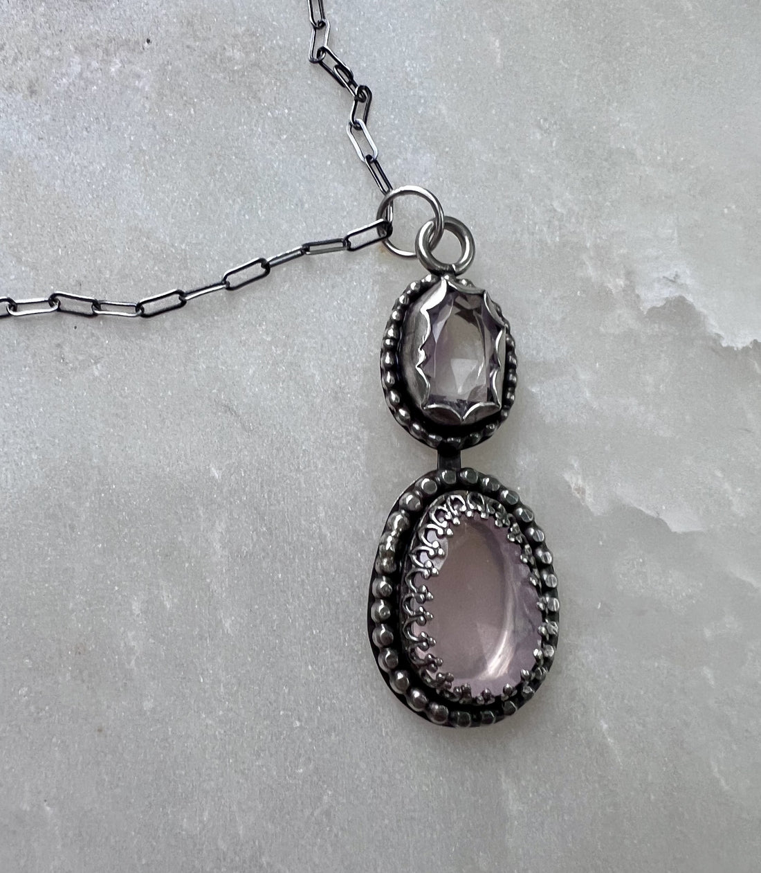 Dual Amethyst and Rose Quartz Pendant Necklace in Sterling Silver