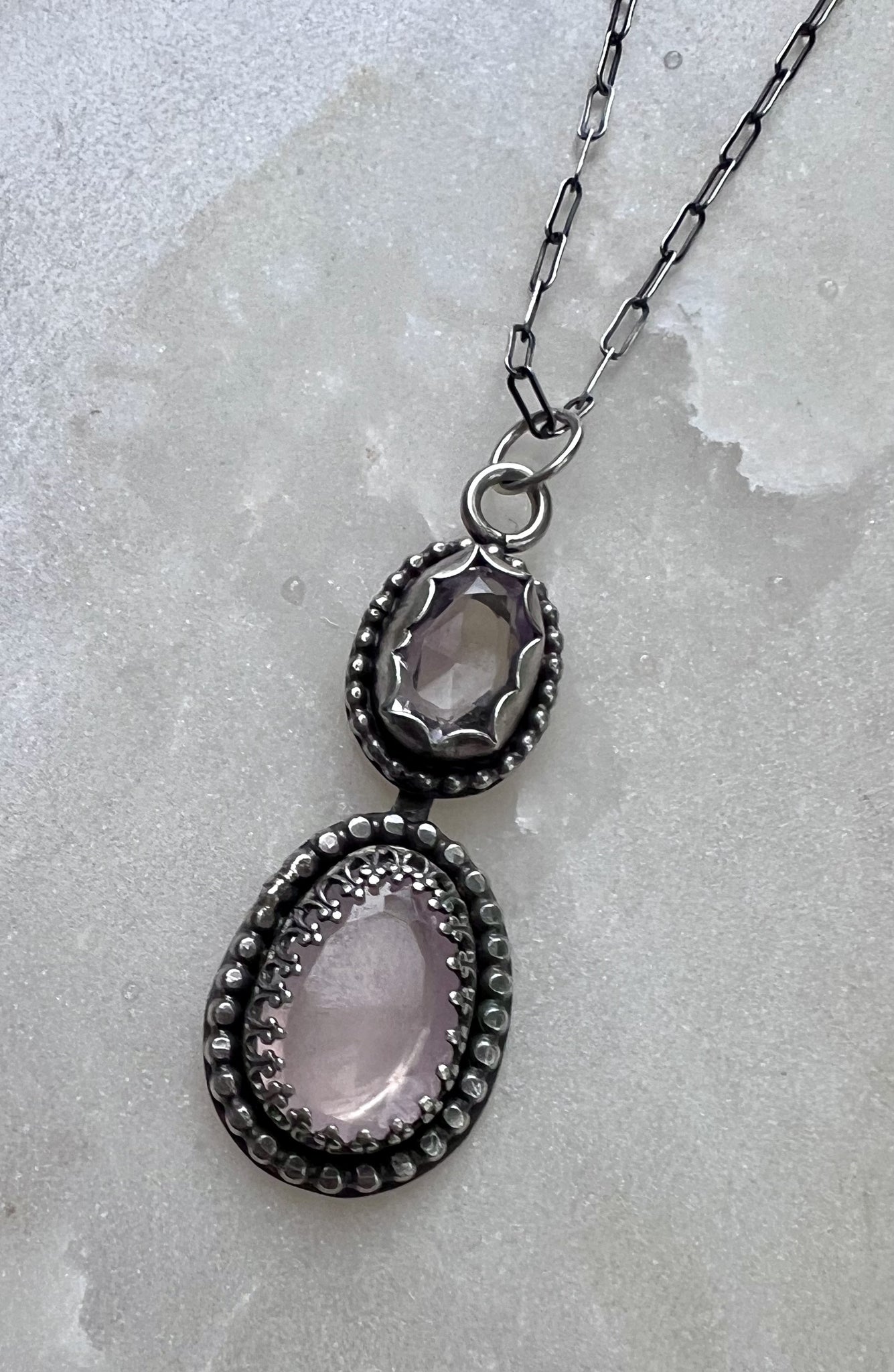 Dual Amethyst and Rose Quartz Pendant Necklace in Sterling Silver