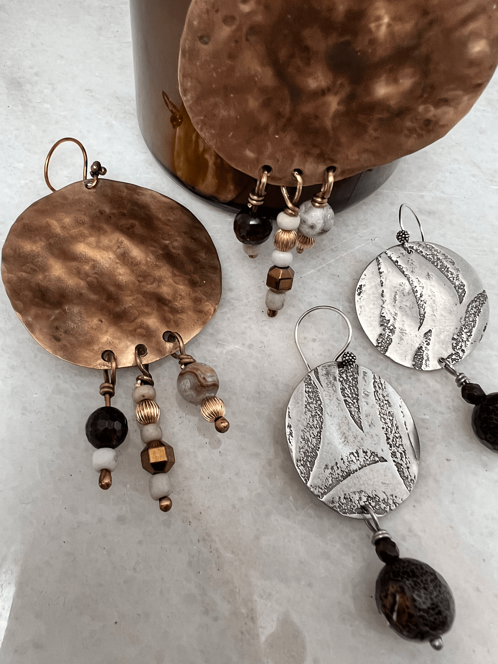 Sterling Elegance:  Textured Silver Earrings with Agate Drops