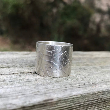 Sterling Silver wide-band ring with Batik Etched Design