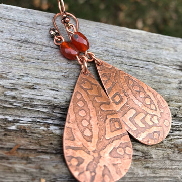 Artisan Etched Copper Teardrop Earrings, and Carnelian