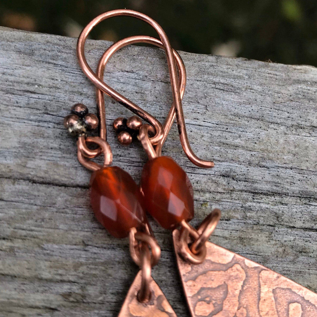 Artisan Etched Copper Teardrop Earrings, and Carnelian