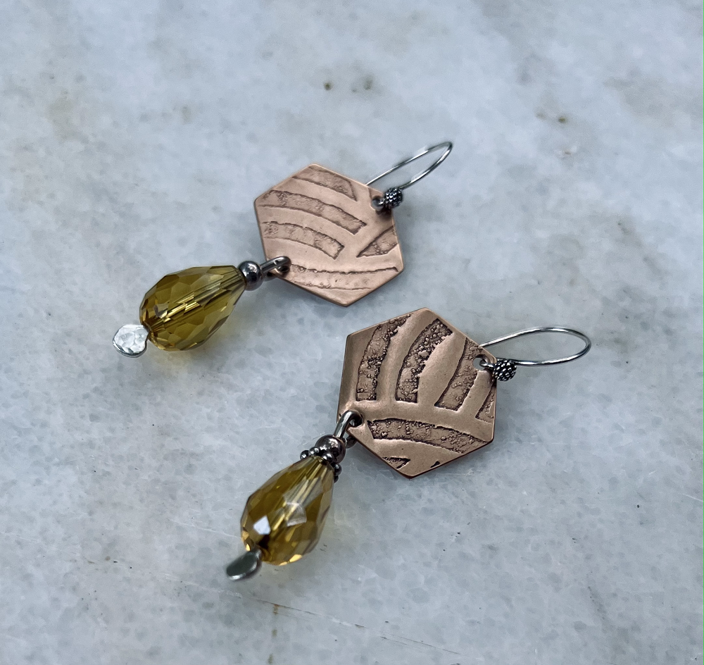 Geometric Bronze Leaf and Citrine Drop Earrings