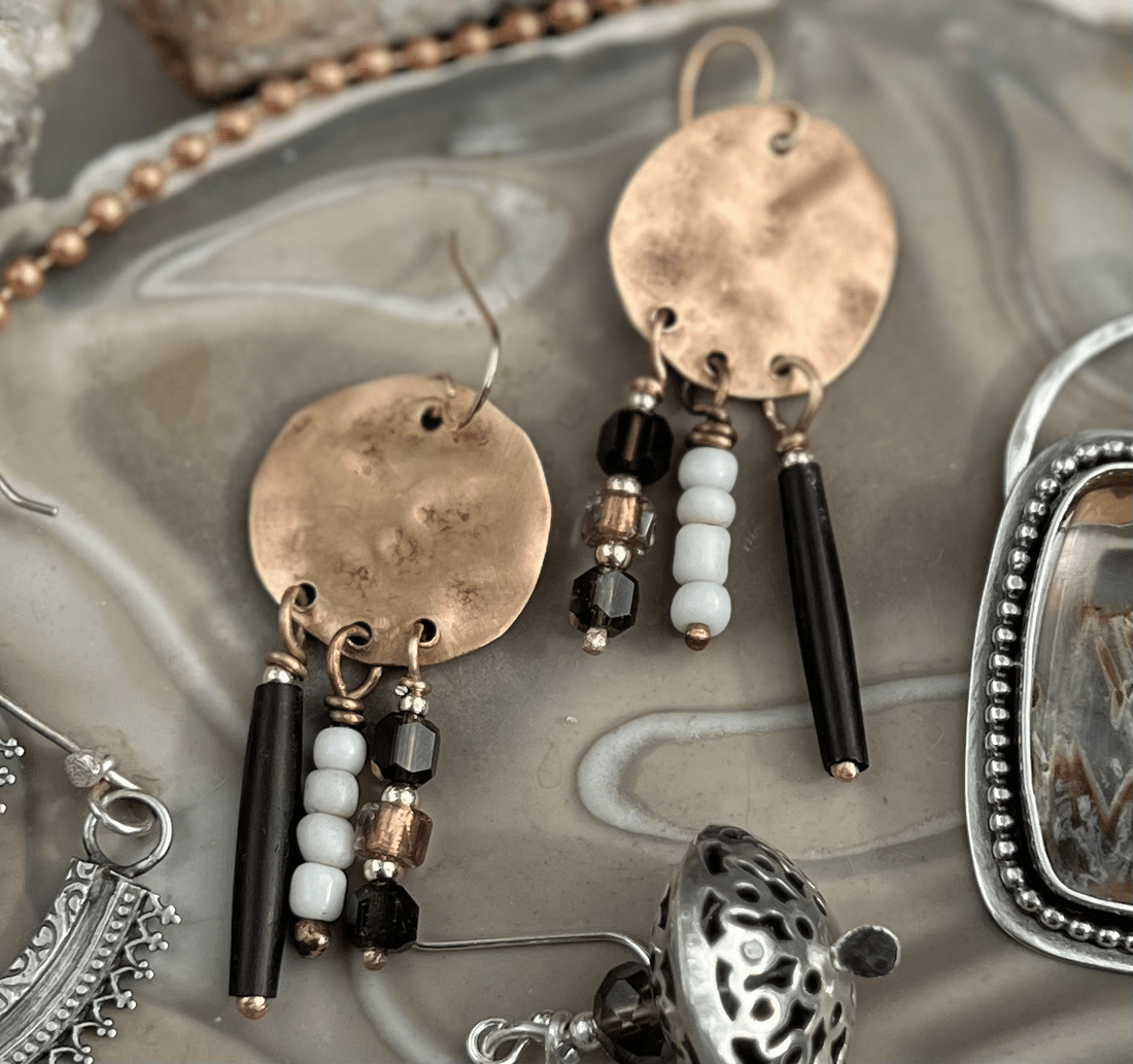 Rustic Charm: Hammered Bronze Beaded Drop Earrings