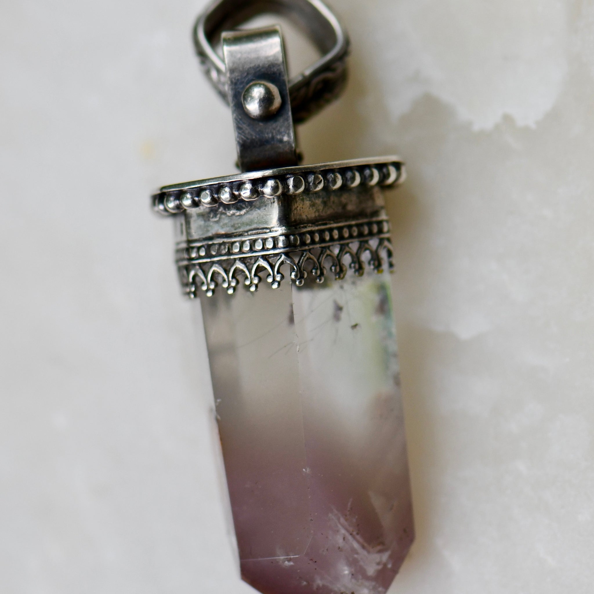 Large Crystal Point Pendant set in an Ornate Sterling Silver Setting