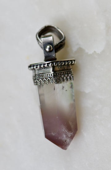 Large Crystal Point Pendant set in an Ornate Sterling Silver Setting