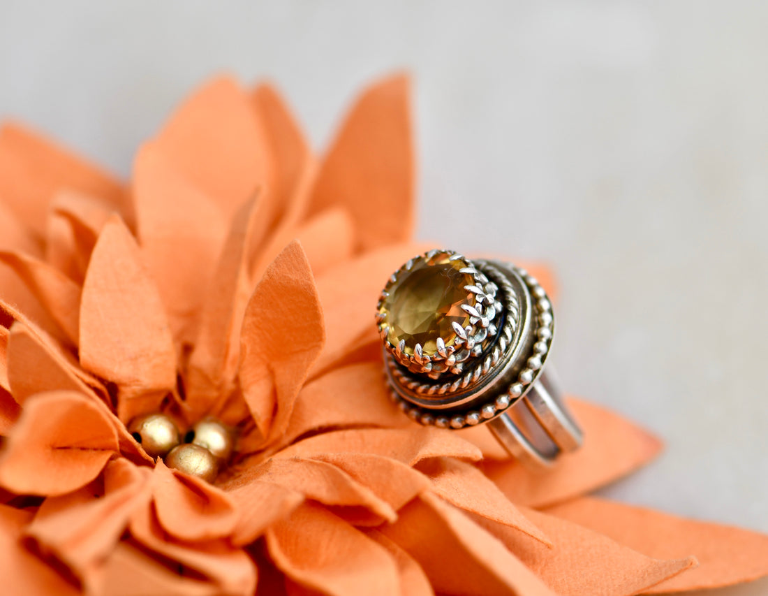 Vintage Syle Lemon Quartz and Sterling Silver Ring