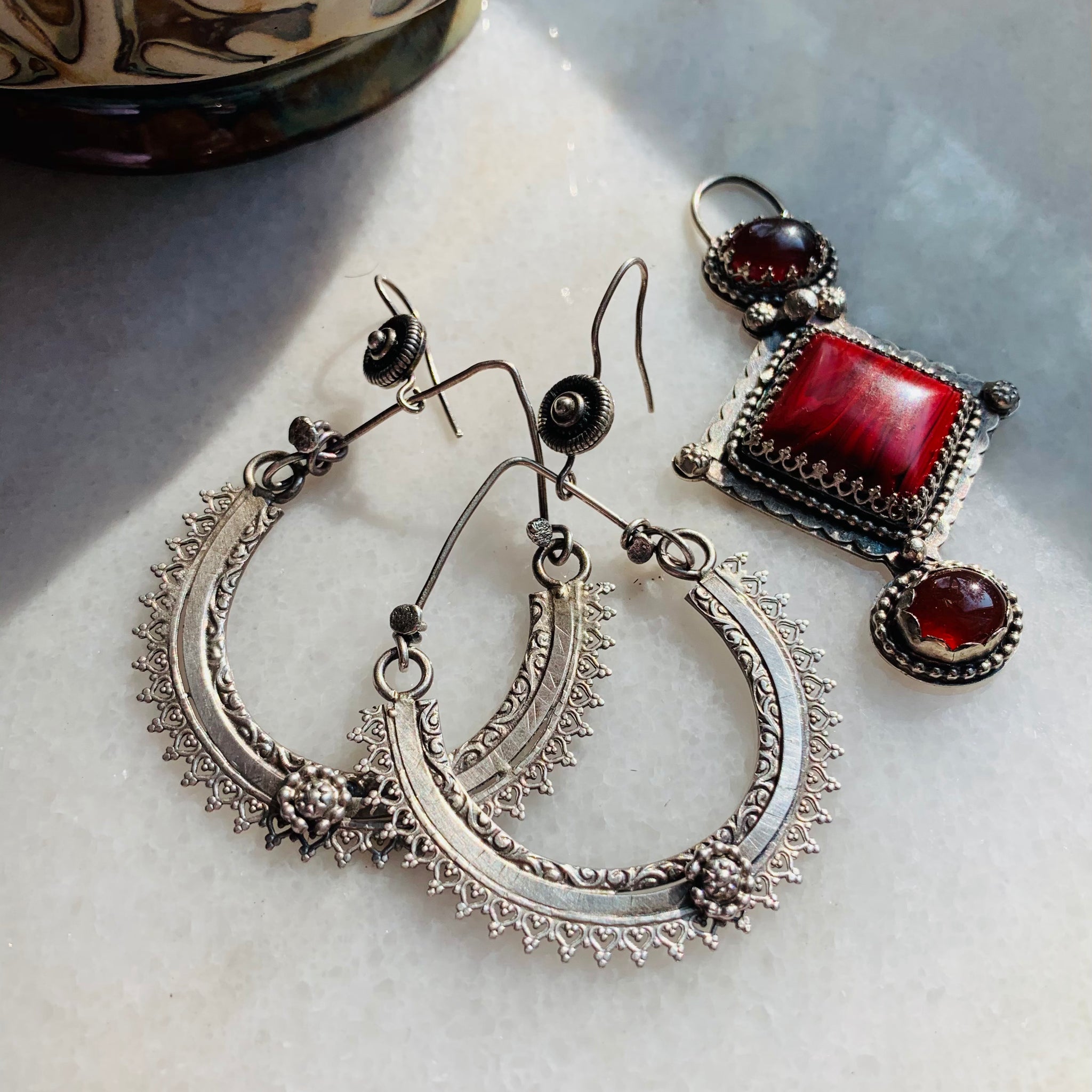 Elegant Sterling Silver crescent Earrings with Intricate Filigree Design