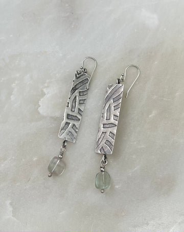 Artisan Etched Sterling Silver Earrings with Fluorite Gemstone Bead Drops