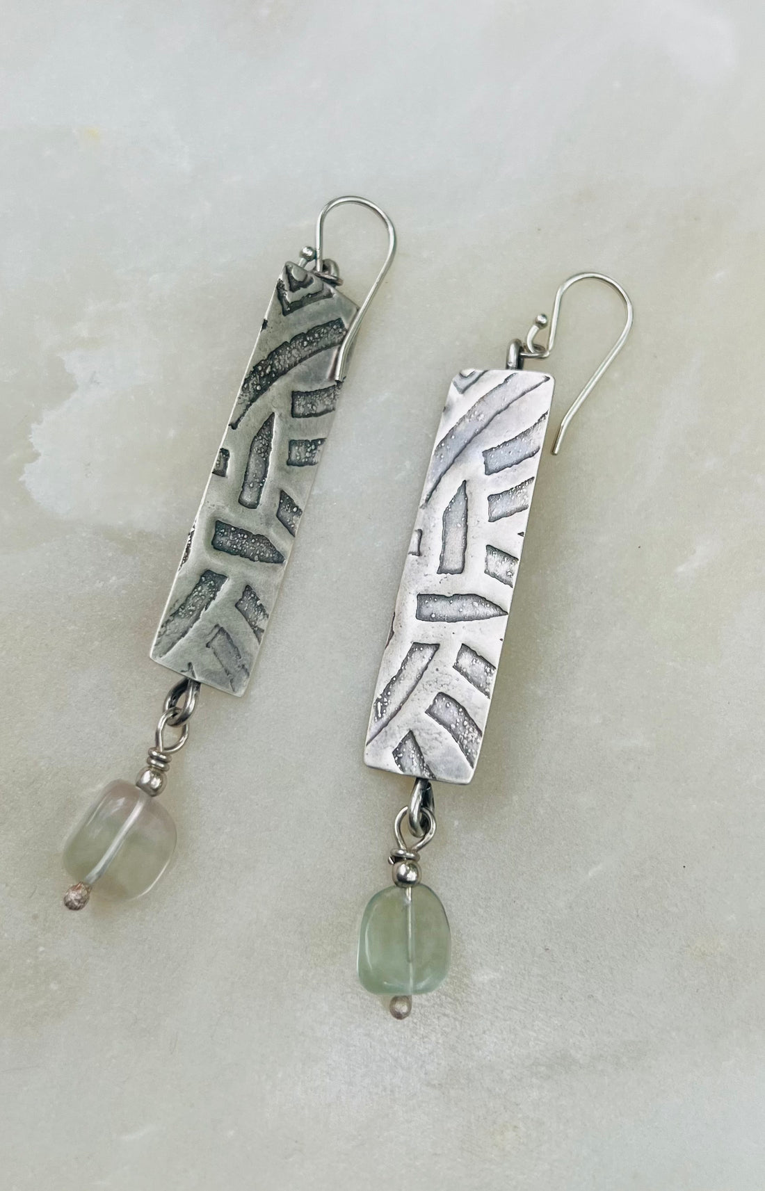 Artisan Etched Sterling Silver Earrings with Fluorite Gemstone Bead Drops