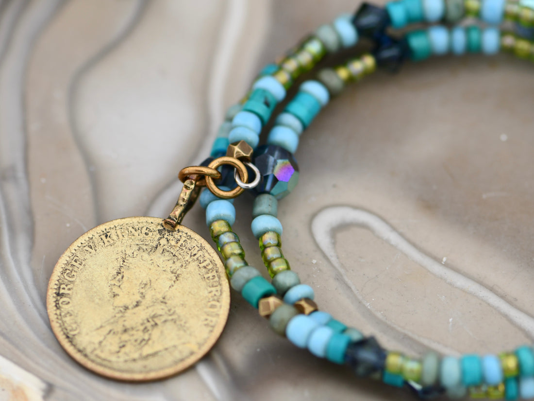 Turquoise Charm Wrap Bracelet with Gold Coin and Crystal Accents