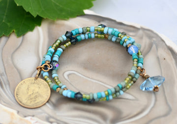 Turquoise Charm Wrap Bracelet with Gold Coin and Crystal Accents