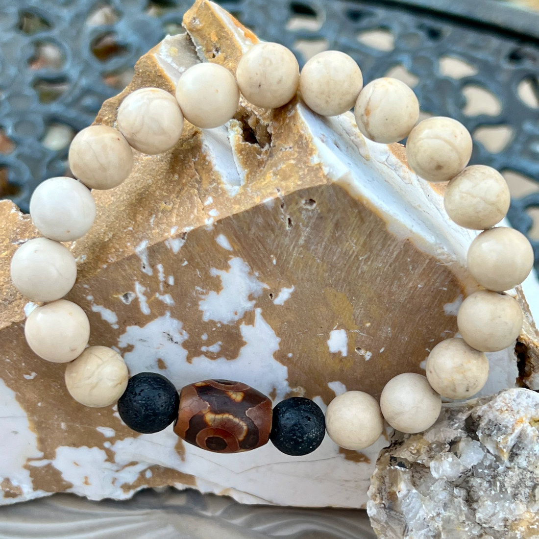 White Jasper Stone Bracelet with Agate and Black Lava Bead Accents