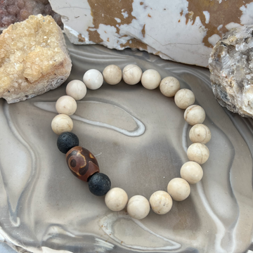 White Jasper Stone Bracelet with Agate and Black Lava Bead Accents