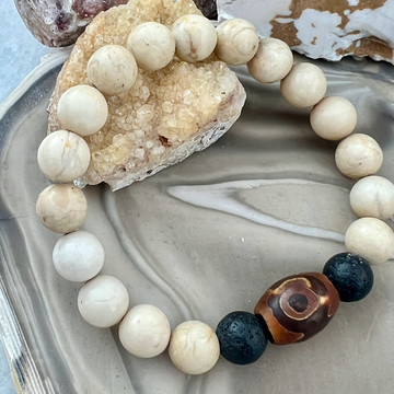 White Jasper Agate and Lava Bead Stackable Bracelet