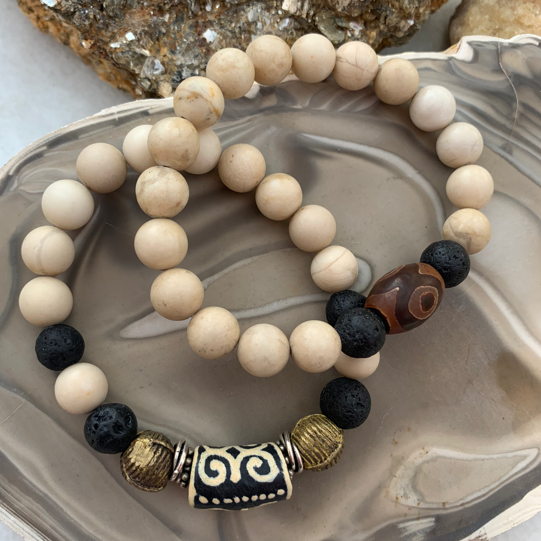 White Jasper, Lava, and African Beads