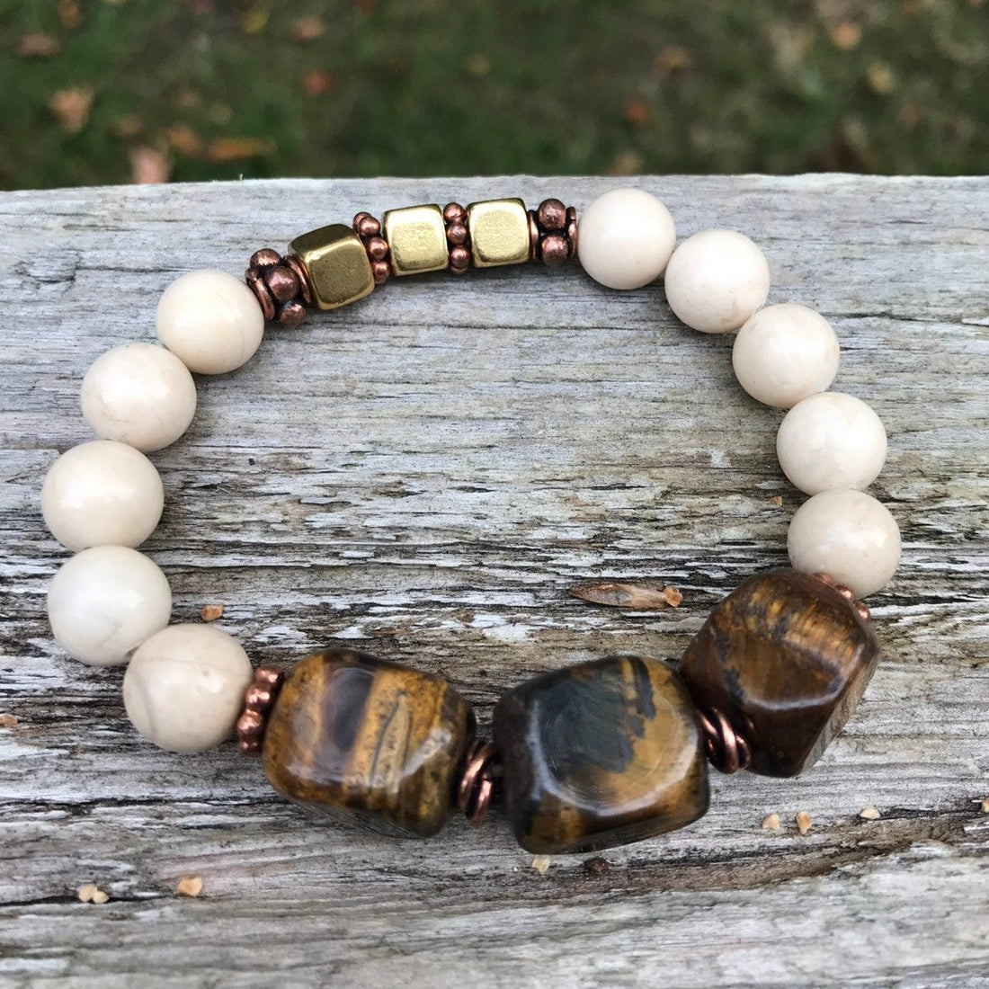 Tigers Eye, White Jasper, and Brass Stackable