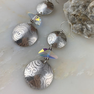 Artisan Sterling Silver Etched Drop Earrings and Swarovski triangular bead accent